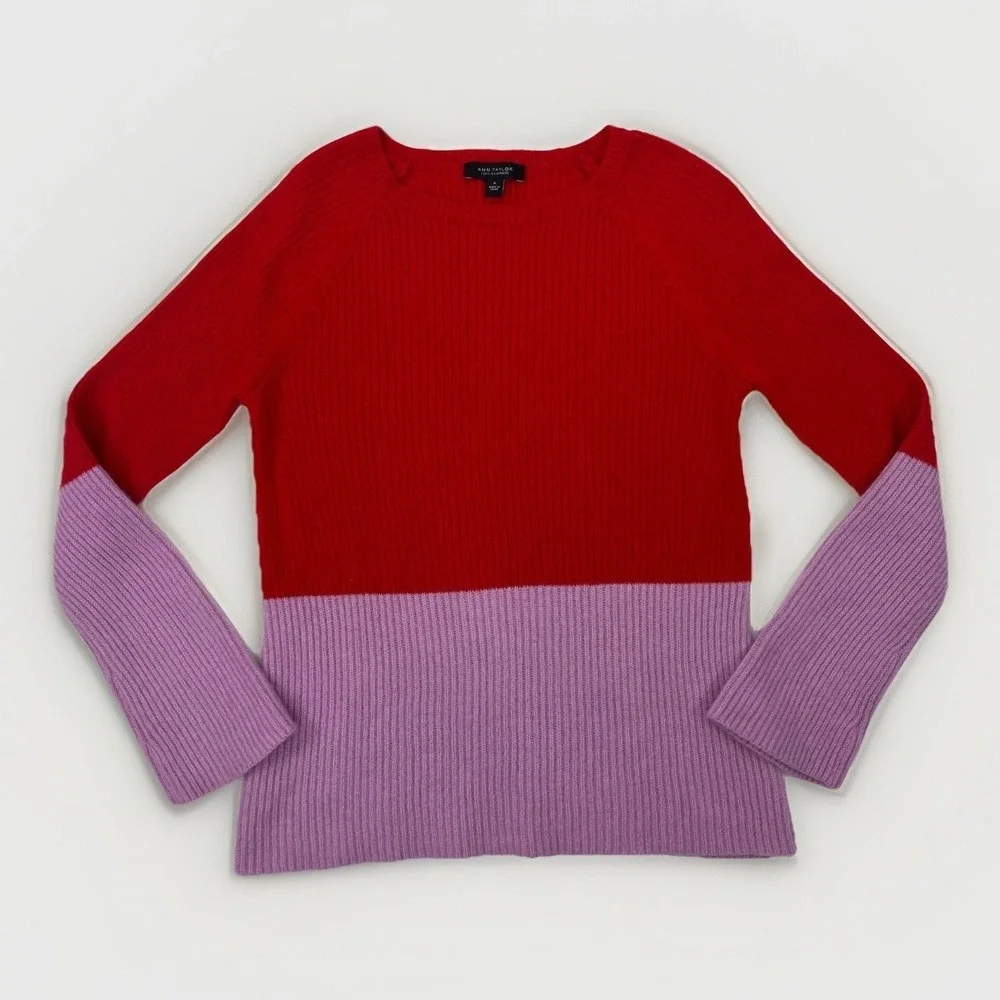 Ann Taylor 100% Cashmere Sweater Red Purple Colorblock Thick Plush *Kitten Soft*